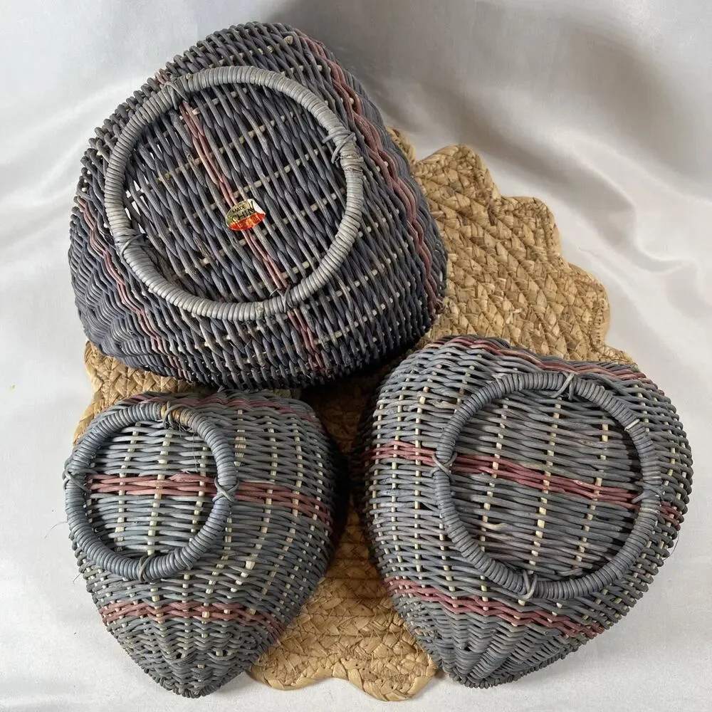 Vintage 80s Heart Wicker Nesting Baskets Set 3 Country Blue Mauve Cottage Decor